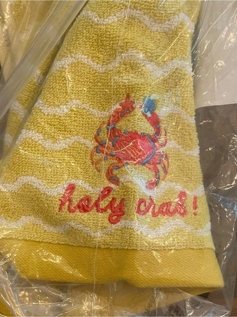 New! NWT Anthropologie Seaside Cotton Embroidery Icon Hand Towel “holy crab!”